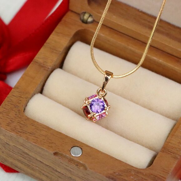 "Cube Design Rose Gold Pendant with Multicolor Stones, XPPT1563 - Picture 6 of 13